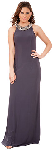 Round Bejeweled Neck Jersey Long Formal Evening Dress