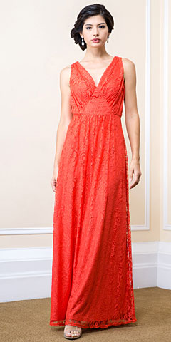 Floral Lace V-Neck Gathered Long Formal Evening Dress