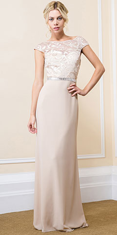 Floral Bodice Bejeweled Waist Long Formal Evening Dress