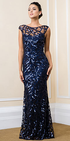 Boat Neck Sequins Pattern Mesh Long Formal Prom Dress