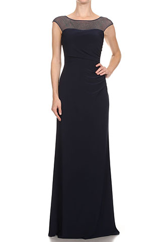 Cap Sleeve Mesh Top Formal Evening Dress with Rhinestones