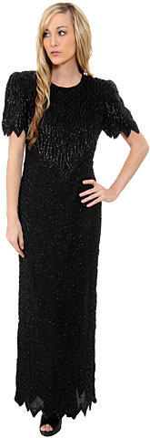 Long Sequin Beaded Leaf Print Cocktail Dress