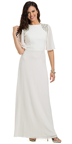Short Sleeves Jewel Shoulders Long Formal Evening Dress