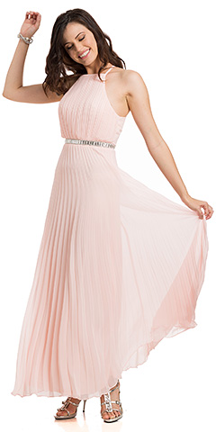 Sleeveless Bejeweled Waist Pleated Formal Evening Dress