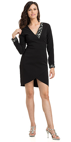 Full Sleeves Sequins Accent Wrapped Hem Cocktail Party Dress