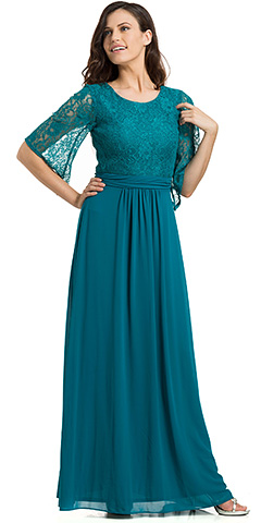 Lace Top Pleated Waist 3/4 Sleeves Bridesmaid Evening Gown