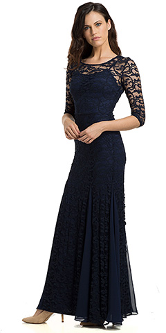 Round Neck Chiffon Panel Details Lace Formal Evening Gown