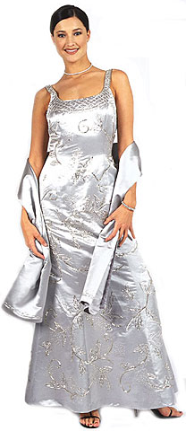 Beaded Formal Silver Prom Dress with Floral Accent