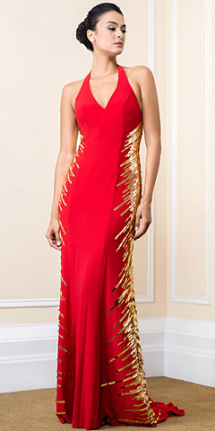 Halter Neck Sequined Sides Long Formal Prom Dress