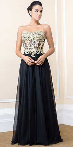 Strapless Floral Accent Bodice Long Formal Prom Dress