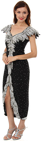 Tea Length Formal Cocktail Beaded Dress with Cap Sleeves