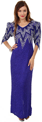 Long Formal Beaded Gown with Zig-Zag Pattern on Bodice