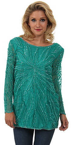 Round Neck Artistic Sequins Pattern Long Blouse