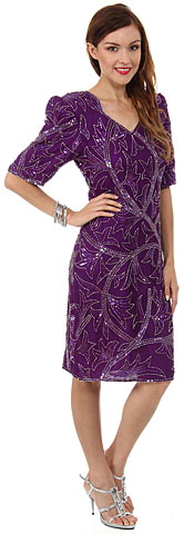 V-Neck Half Sleeves Knee Length Floral Beaded Dress