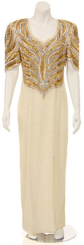 Full Length Sequin Beaded Leaf Print Evening Dress