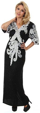 Half Sleeves v-Neck Long Beaded Evening Gown with Keyhole