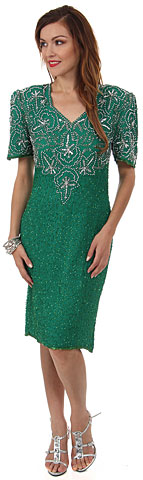 V-Neck Tea Length Formal Beaded Dress with Half Sleeves