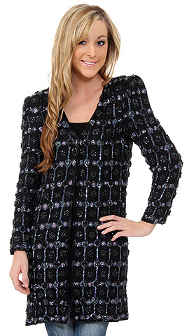 V-neck Checkered Sequin Beaded Jacket