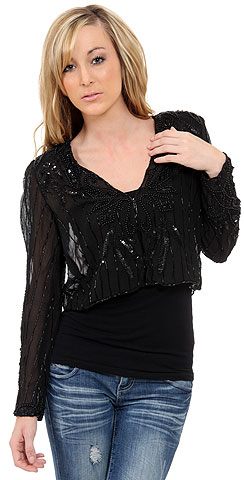 V-neck Short See-through Beaded Jacket