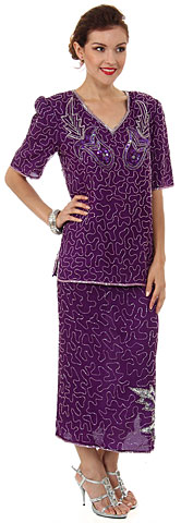 V-Neck Two Piece Sequined Blouse and Skirt Set