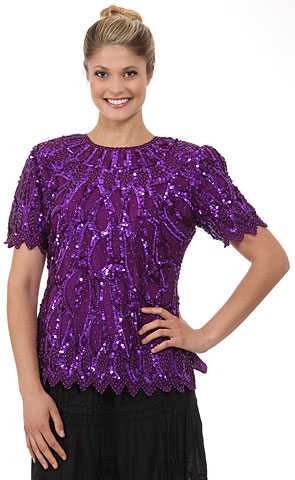Round Neck Half Sleeves Sequined Blouse