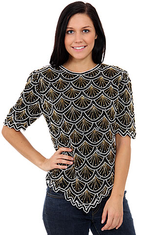 Upside Down Fans Design Hand Beaded/Sequin Blouse