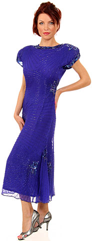 Tea Length Boat Neck Beaded Cocktail Dress with Keyhole