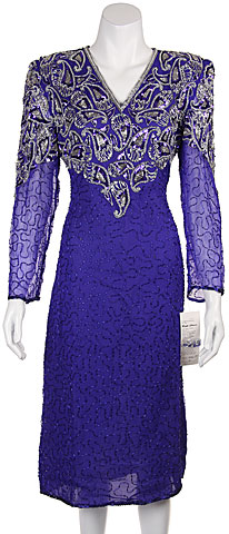 V-neck Paisley Beaded Tea Length Dress