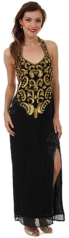 Halter Neck Paisley Sequins Pattern Formal Evening Gown