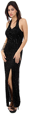 Sequin Beaded Halter Neck Formal Gown with Front Slit