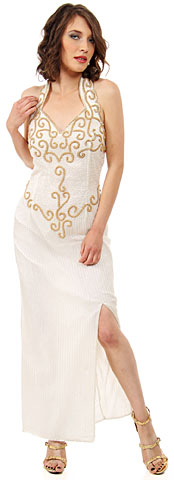 Halter Neck Beaded Long Formal Cocktail Dress with Slit