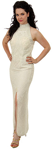 Turtle Neck Beaded Straight Gown with Front Slit