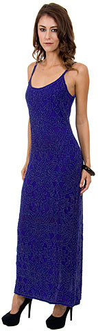 Spaghetti Straps Floral Beaded Pattern Long Formal Dress