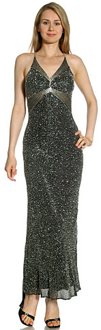 V-Neck Fully Beaded Crossed Back Formal Dress. 9311.