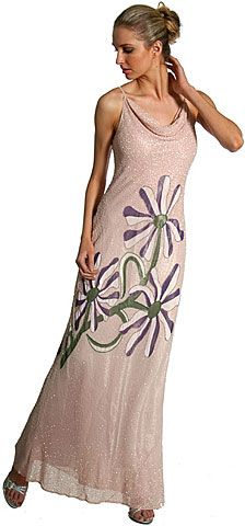 Cowl Neck Spaghetti Strap Beaded Formal Dress. 9386.