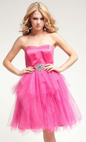 Strapless Satin Bust Party Dress with Shiny Mesh Skirt