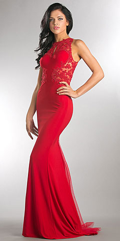 Beaded Lace & Mesh Bodice Long Prom Pageant Dress