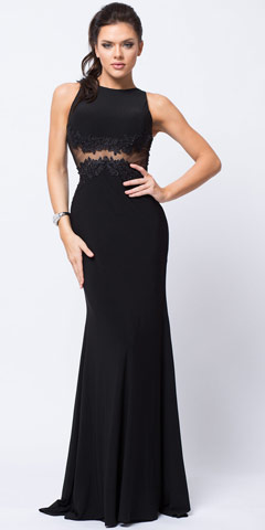 Lace Accent Sheer Waist Long Formal Evening Jersey Dress