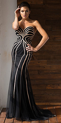 Strapless Geometric Design Tulle Long Formal Evening Dress