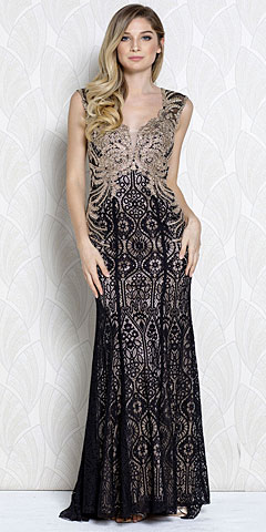 Gold Lace Accent Artistic Pattern Long Prom Pageant Dress