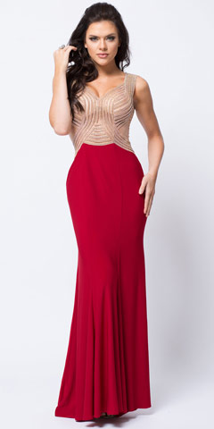V-Neck Embellished Bodice Sheer Back Long Prom Dress