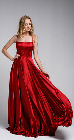 A-Line Spaghetti Prom Gown with Long Flowing Skirt. a472.