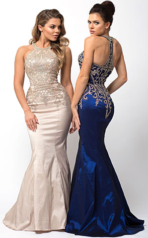 Embellished Bodice Round Neck Fit-n-Flare Long Prom Dress