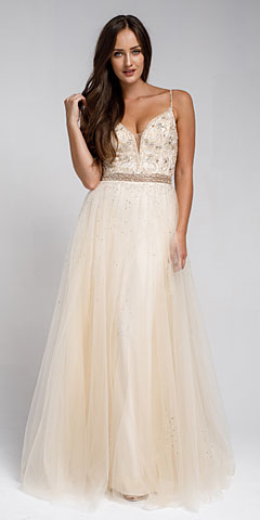Beaded Spaghetti Prom Gown with Tulle Skirt. a576.