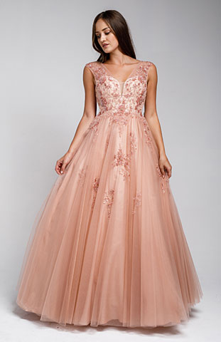 Beaded Embellished V Neck Prom Ball Gown. a577.