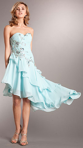 Strapless Beaded Short Dress with Asymmetric Ruffled Skirt. a706.