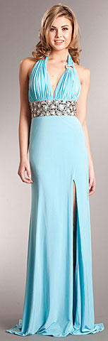 Halter Neck Full Length Prom Gown with Front Slit. a710.