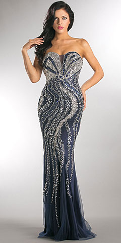 Strapless Bejeweled Bodice Mesh Long Formal Prom Dress