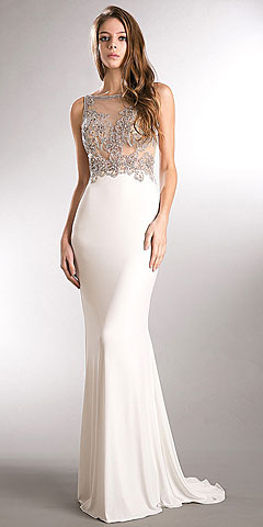 Sparkling Beaded Mesh Top Sheer Back Long Prom Pageant Dress