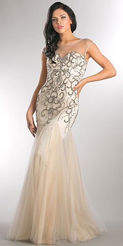 Beaded Mesh Tulle Mermaid Style Long Prom Pageant Dress